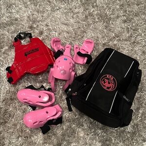 Full Martial Arts Setup: Padded Gear, Chest guard, Black Uniform, Expandable Bag